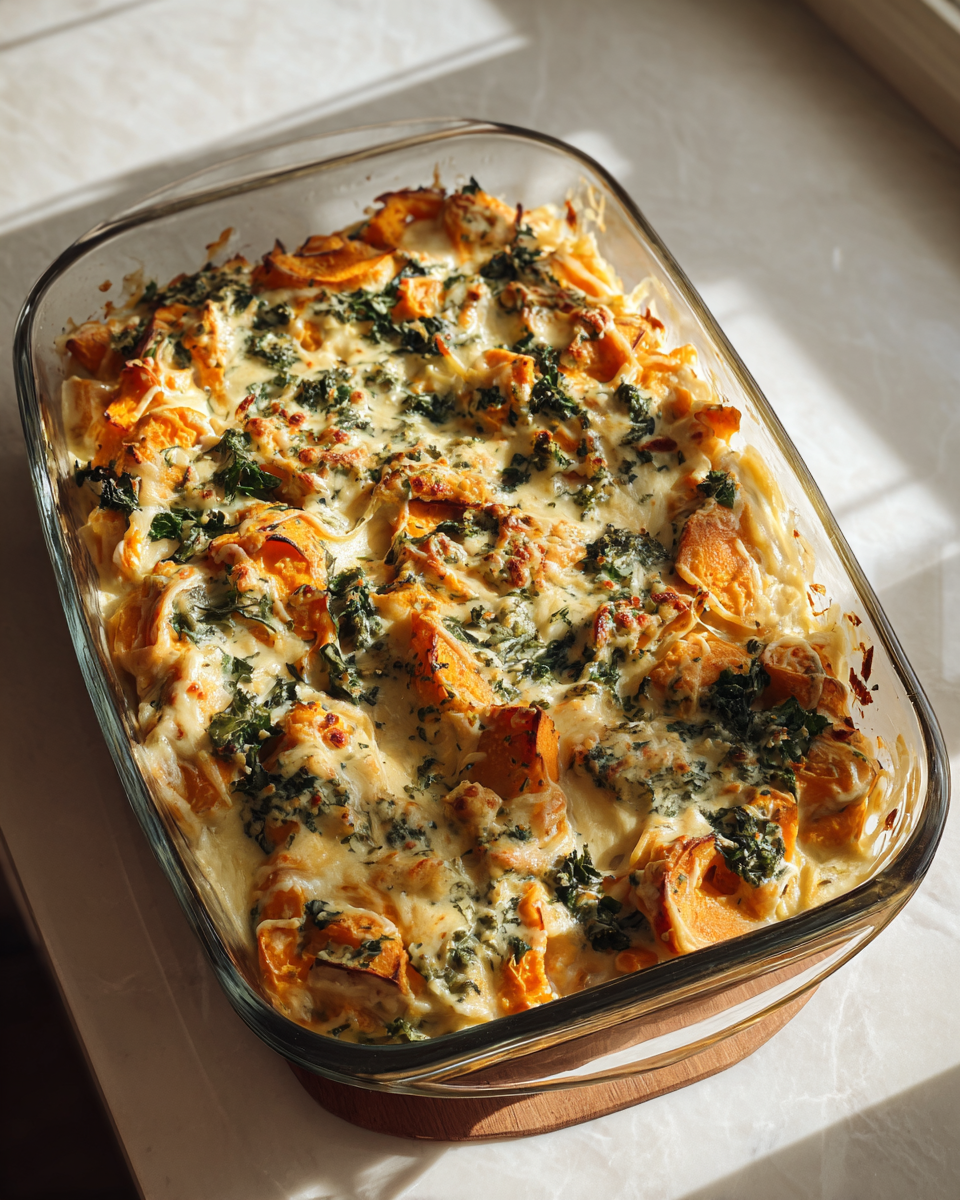 Final dish - Creamy Comfort Meets Healthy Twist Sweet Potato and Kale Alfredo Bake