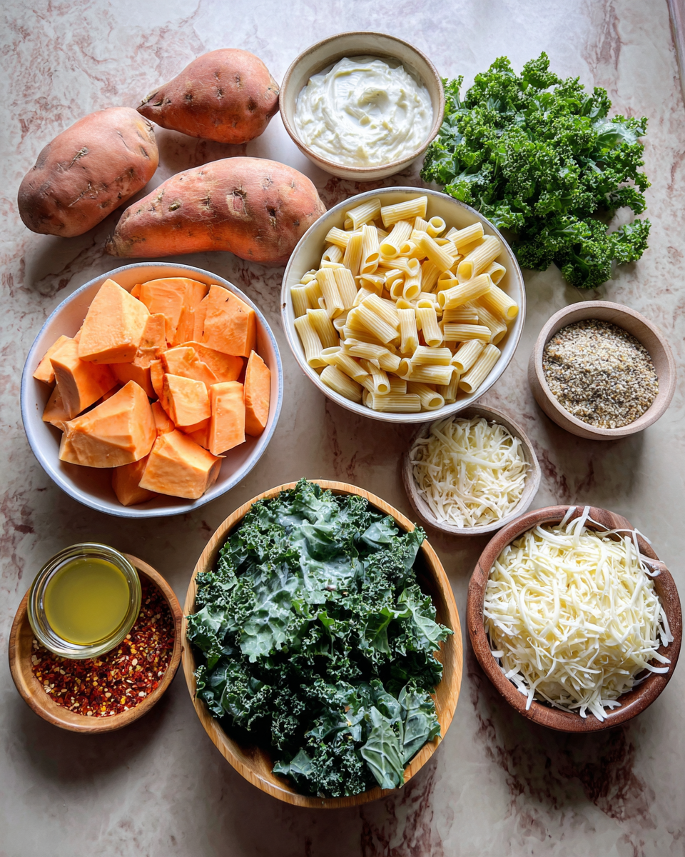 Ingredients for Creamy Comfort Meets Healthy Twist Sweet Potato and Kale Alfredo Bake