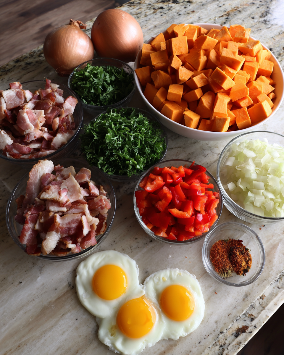 Ingredients for Sweet Potato Bacon Hash with Eggs A Deliciously Savory Breakfast Twist