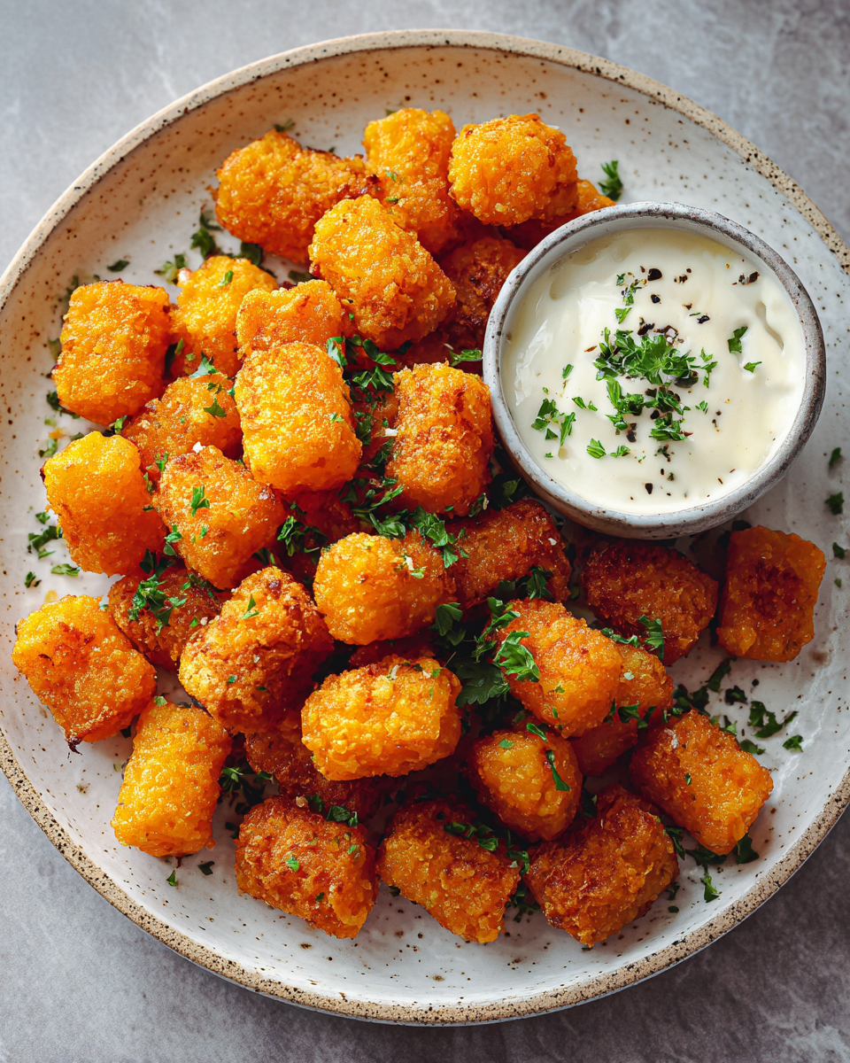 Final dish - Irresistible Sweet Potato Tots with Gooey Marshmallow Dip Recipe