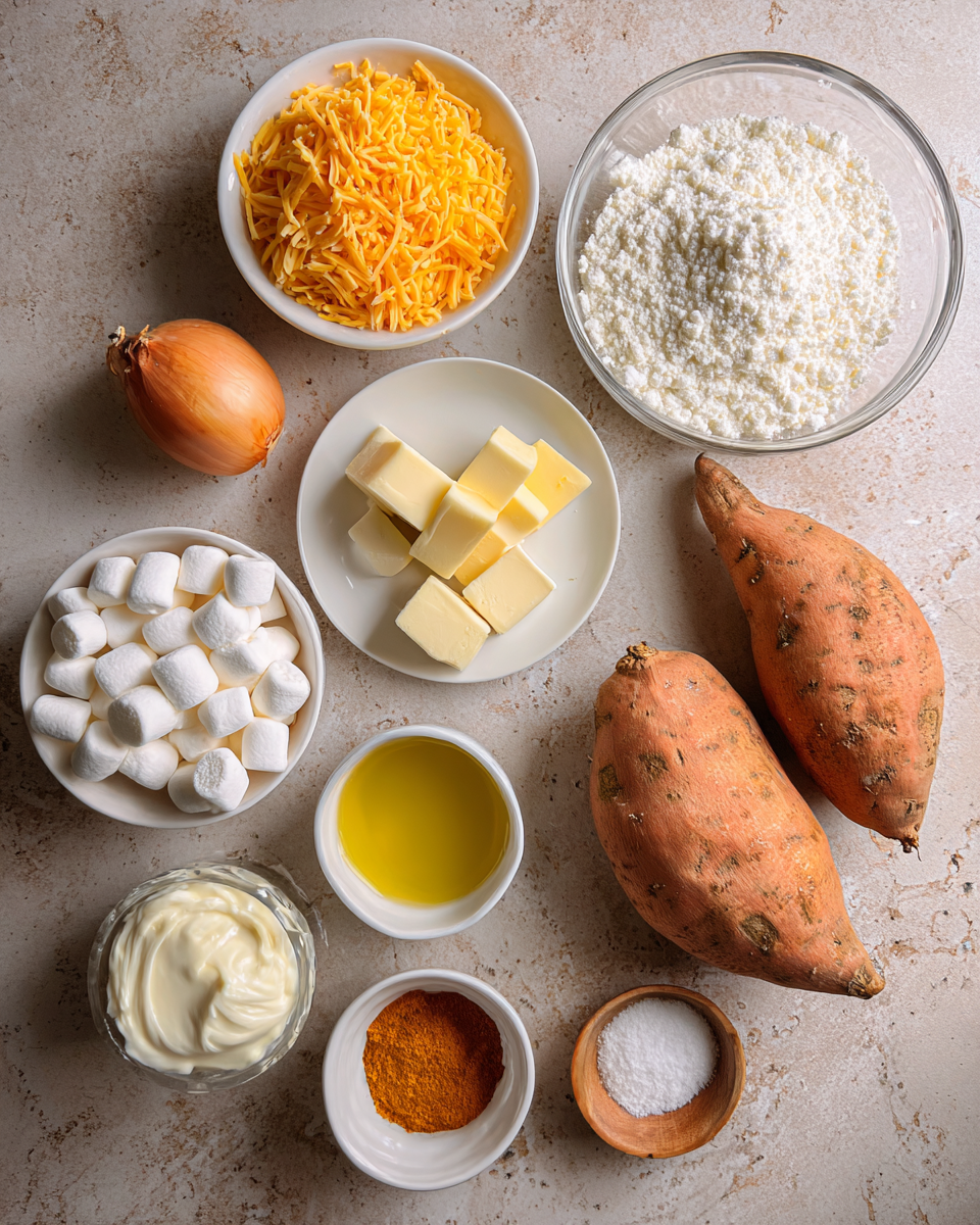 Ingredients for Irresistible Sweet Potato Tots with Gooey Marshmallow Dip Recipe