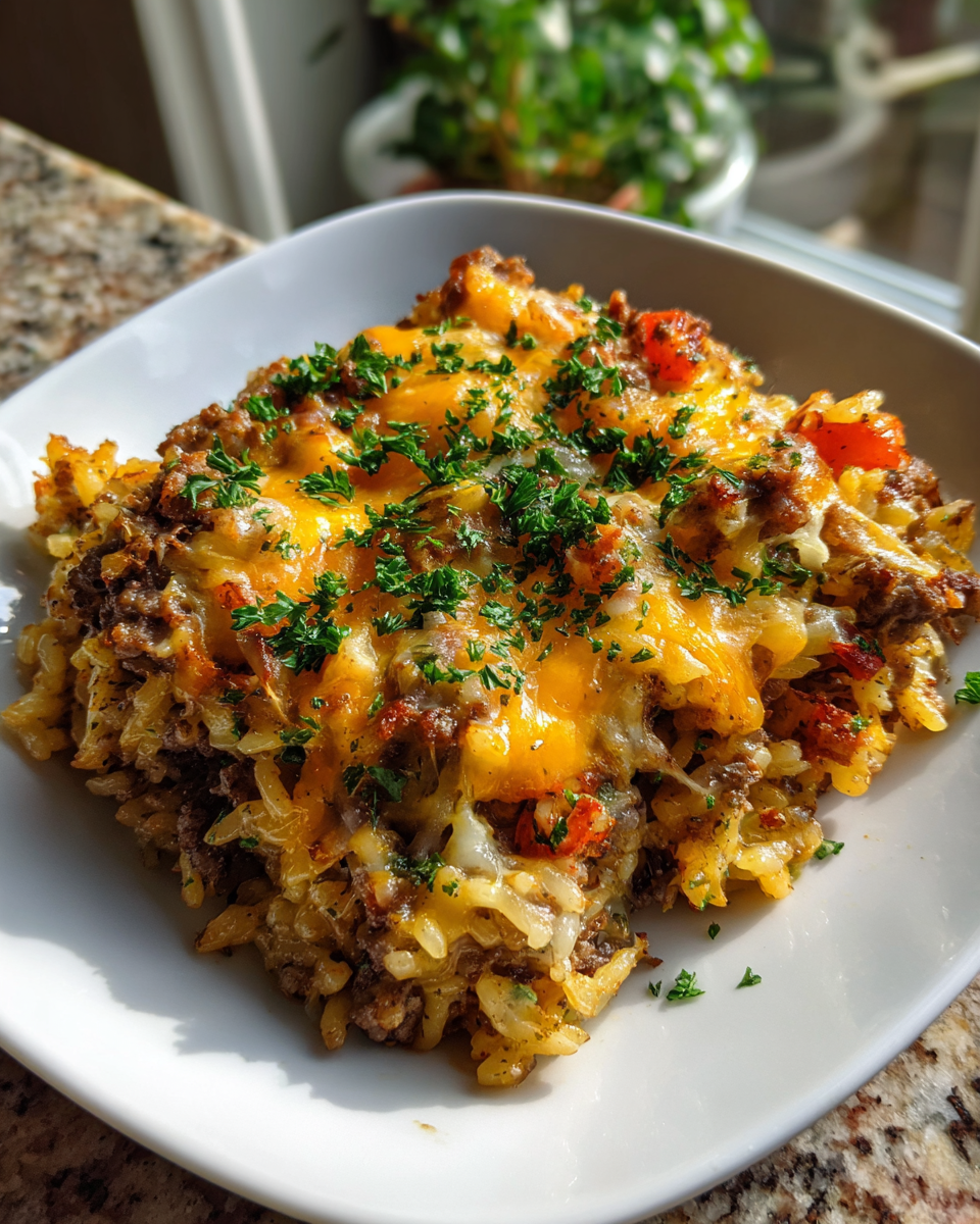 Final dish - Ultimate Cheesy Hamburger Rice Casserole Recipe for Comfort Food Lovers