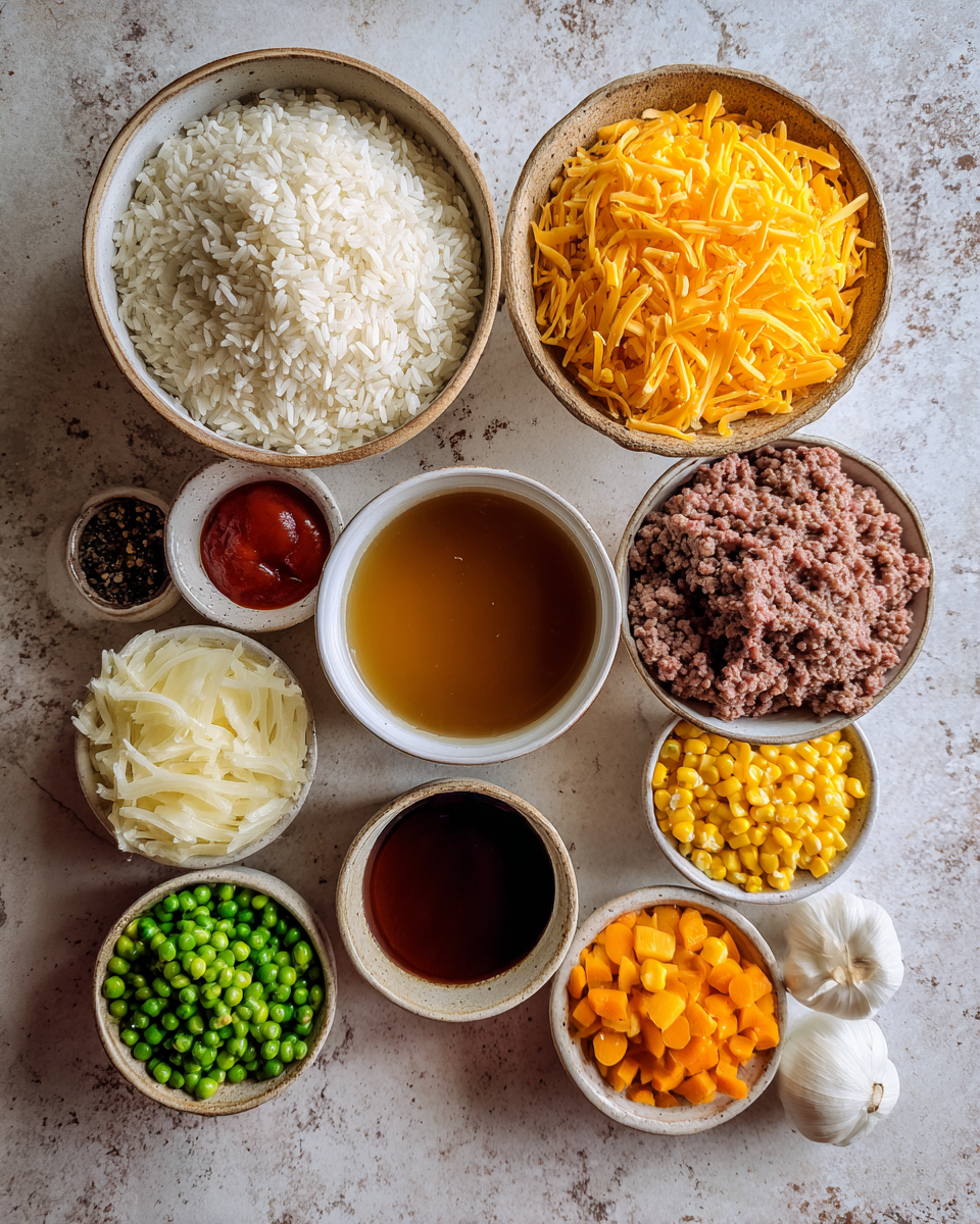 Ingredients for Ultimate Cheesy Hamburger Rice Casserole Recipe for Comfort Food Lovers