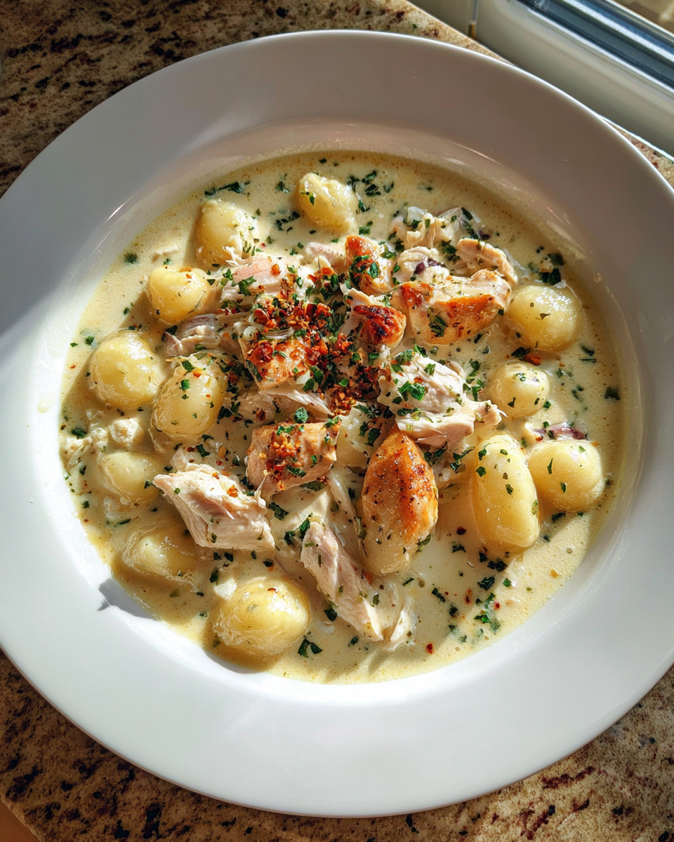 Final dish - Ultimate Comfort Food Creamy Garlic Chicken and Gnocchi Soup Recipe
