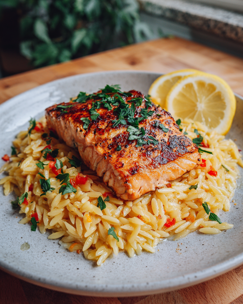 Final dish - Bright and Zesty Lemon Orzo and Salmon Recipe for a Fresh Dinner Delight