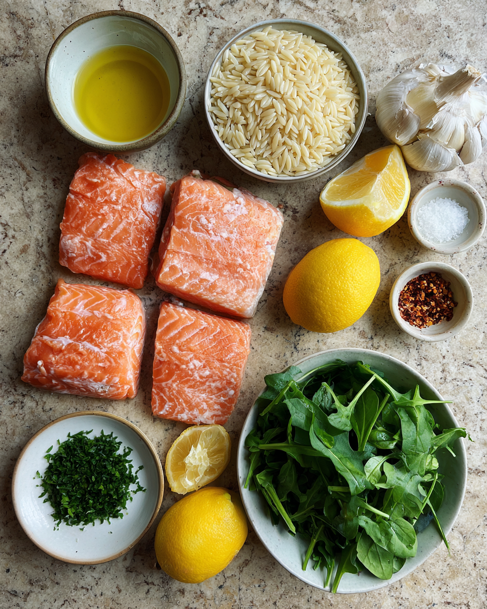 Ingredients for Bright and Zesty Lemon Orzo and Salmon Recipe for a Fresh Dinner Delight