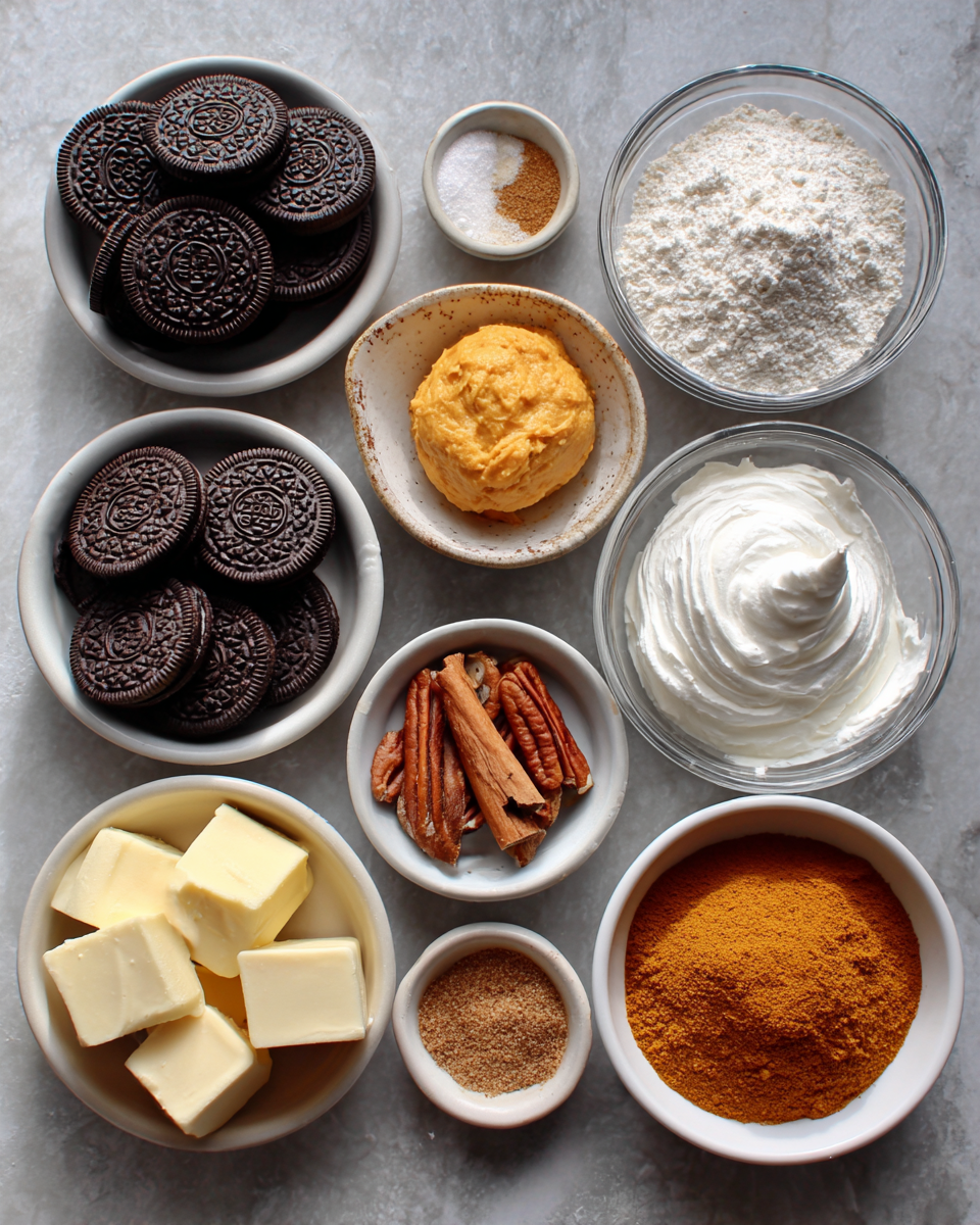 Ingredients for Irresistible Mini Pumpkin Cheesecakes with Oreo Crust for Fall Indulgence