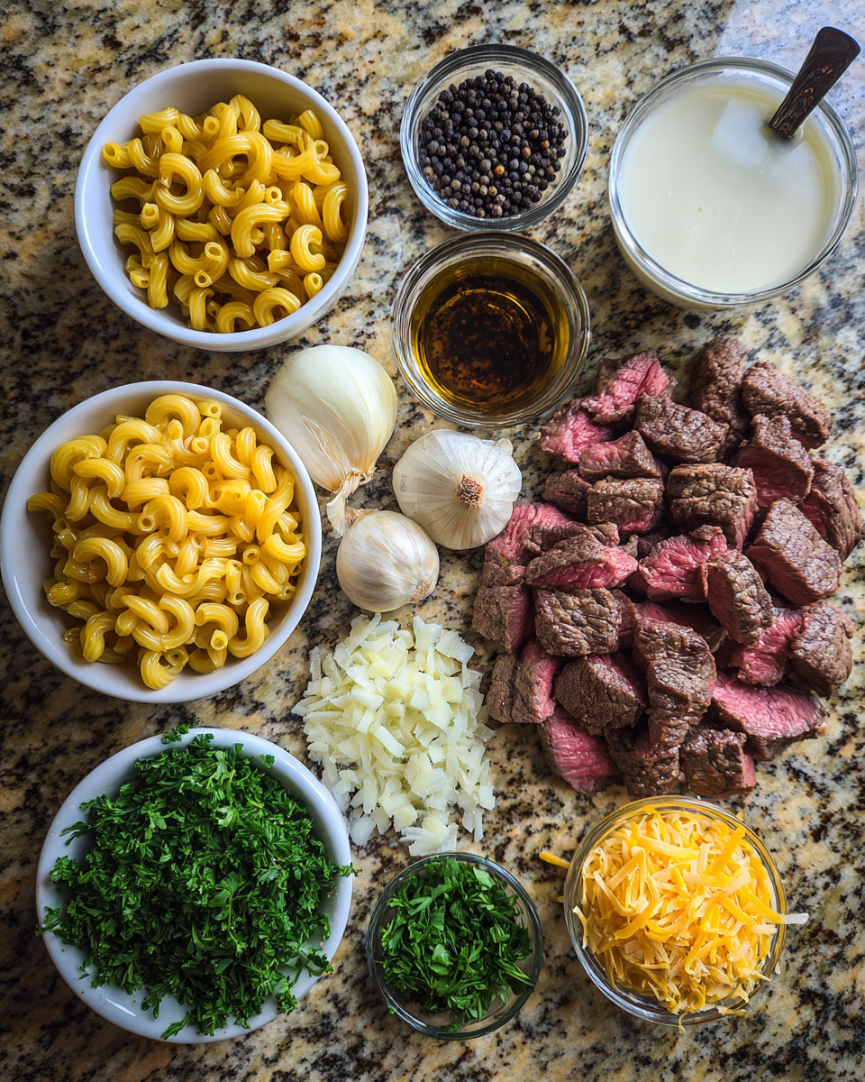 Ingredients for Savor the Ultimate Comfort with Peppercorn Steak and Macaroni Skillet