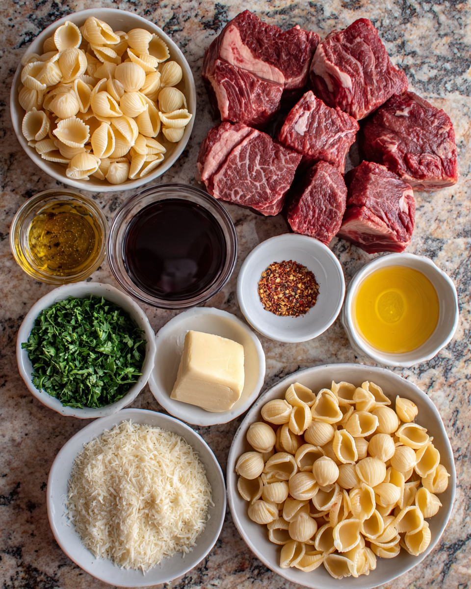 Ingredients for Savor the Flavor with Irresistible Steak Bites and Shell Pasta