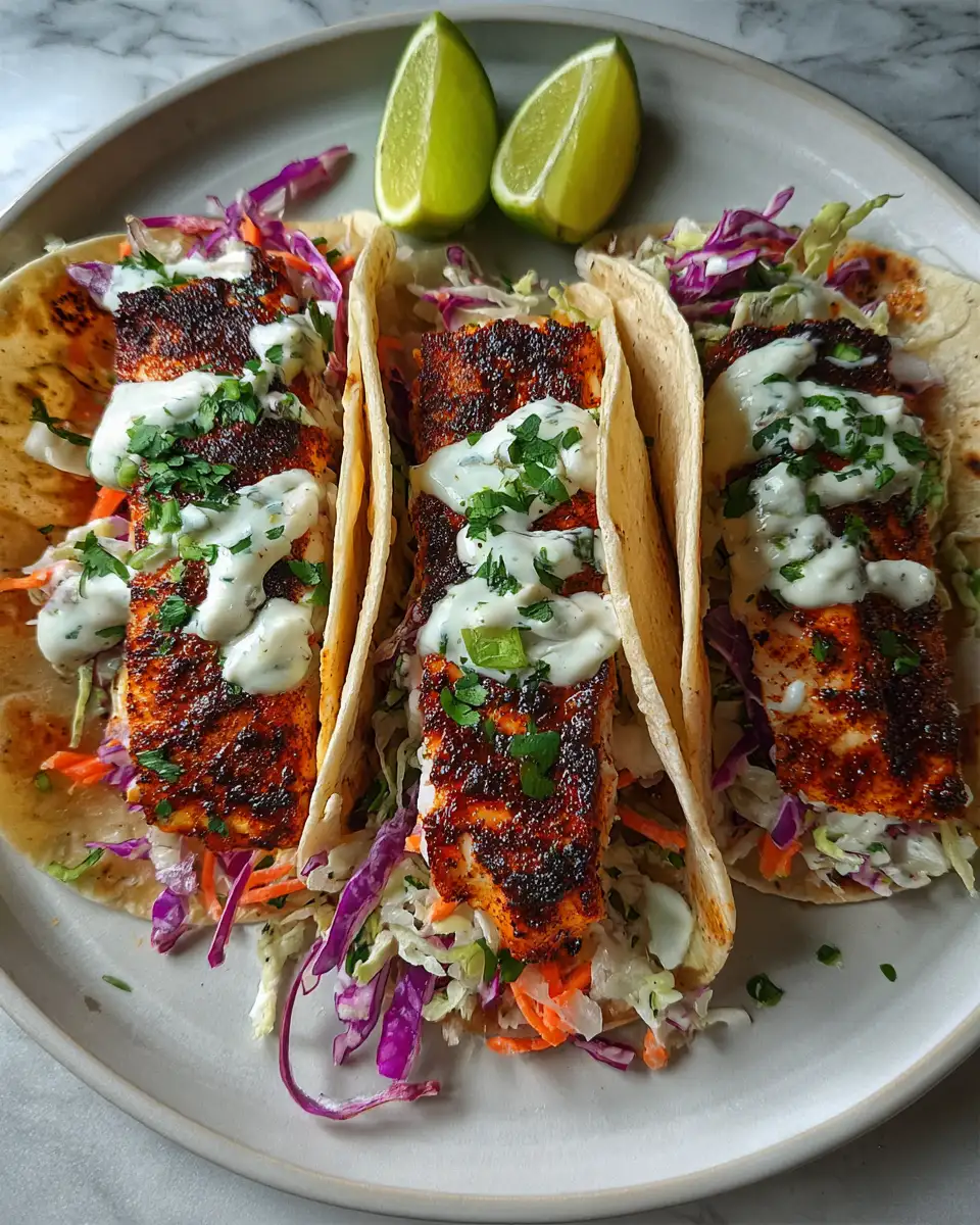 Final dish - Zesty Blackened Fish Tacos with Lime Crema Delight