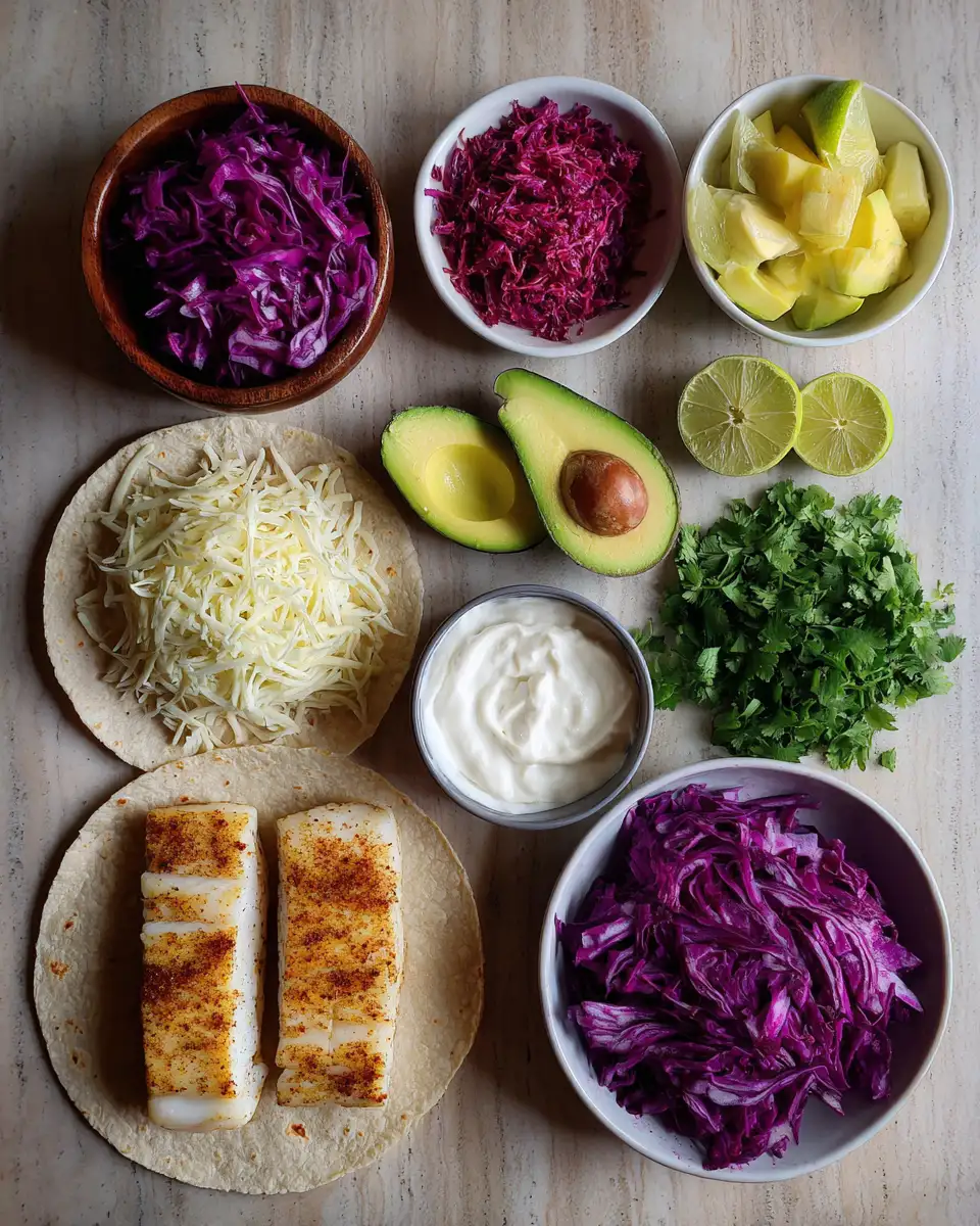 Ingredients for Zesty Blackened Fish Tacos with Lime Crema Delight